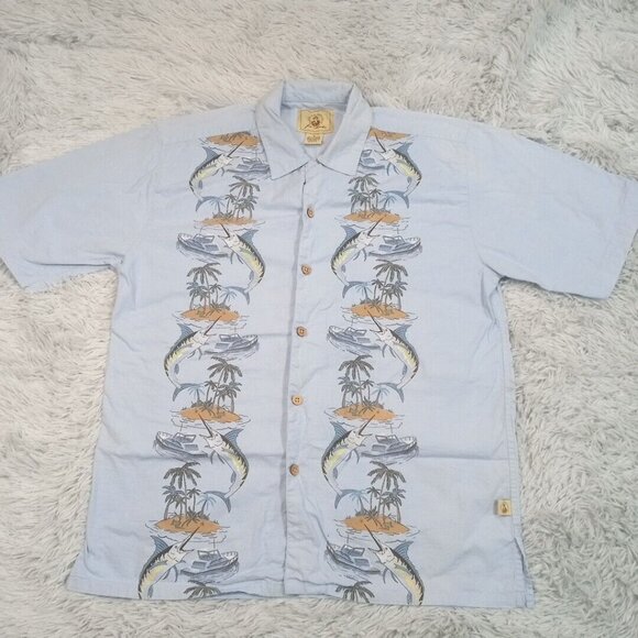 Joe Marlin Mens Shirt Blue M Button Up Hawaiian Tropical Fishing Boating‎ Casual - Picture 1 of 13